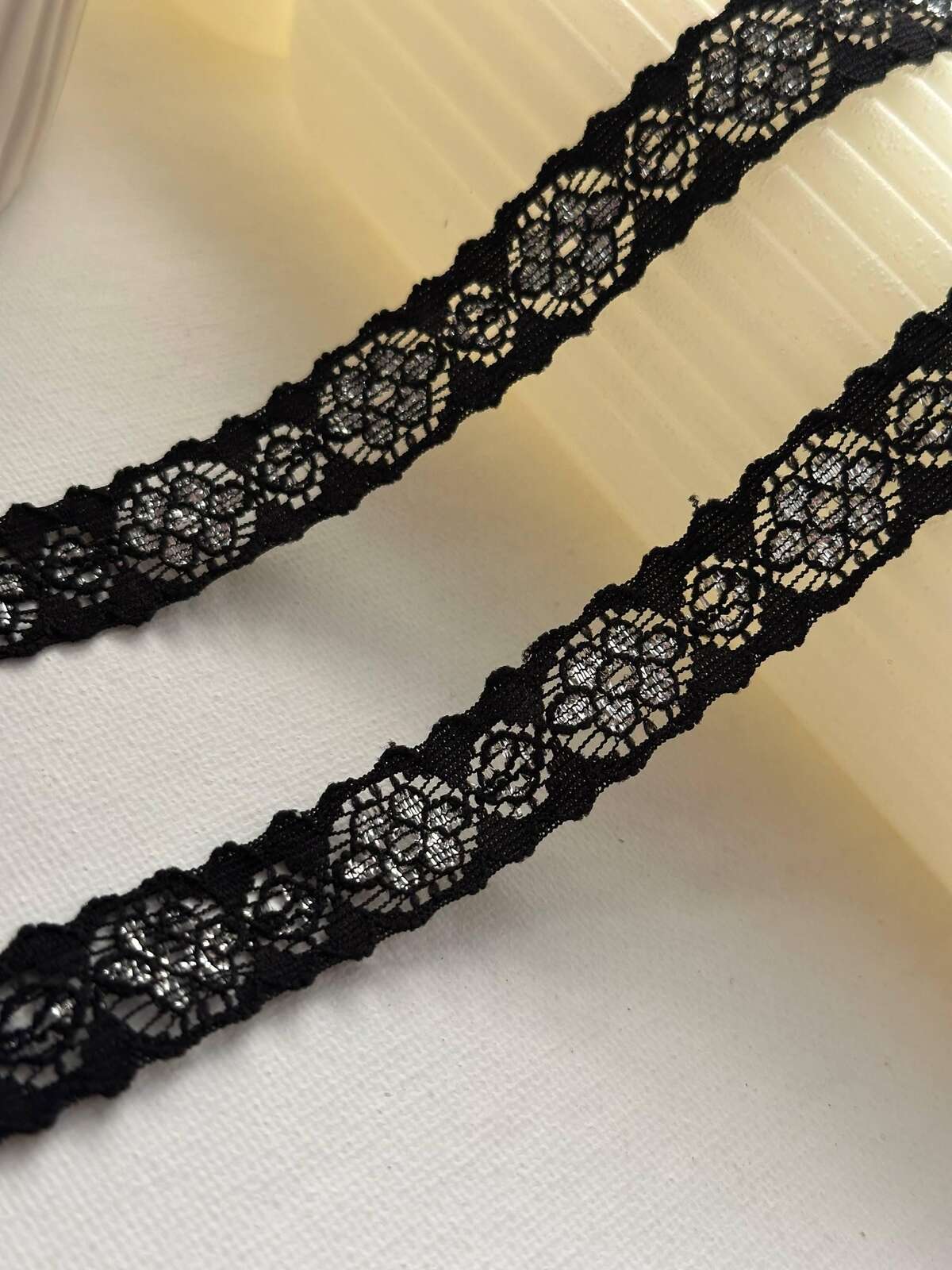 10Yds Stretch 0.6" Black Silver Metallic Floral Scalloped Stretch Lace Wholesale