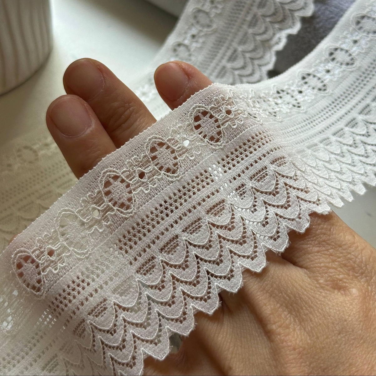 10yds Soft White Scalloped Geometric Stretch Lace Trim by the Yard, Soft Elastic Ribbon for Coquette Crafts, 2", Retail Wholesale Bulk