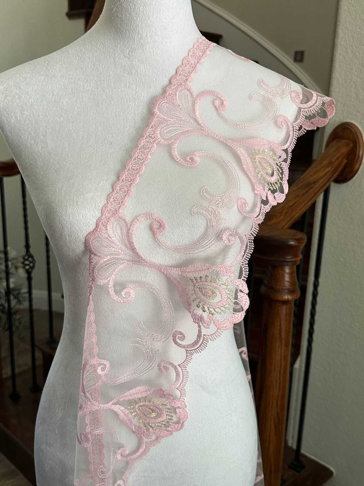 Dusty Pink Gold Embroidered Organza Lace Trim by the Yard, Wide Structured Scroll Ribbon for Curtain Pillow Home Decor Crafts, 7.2"