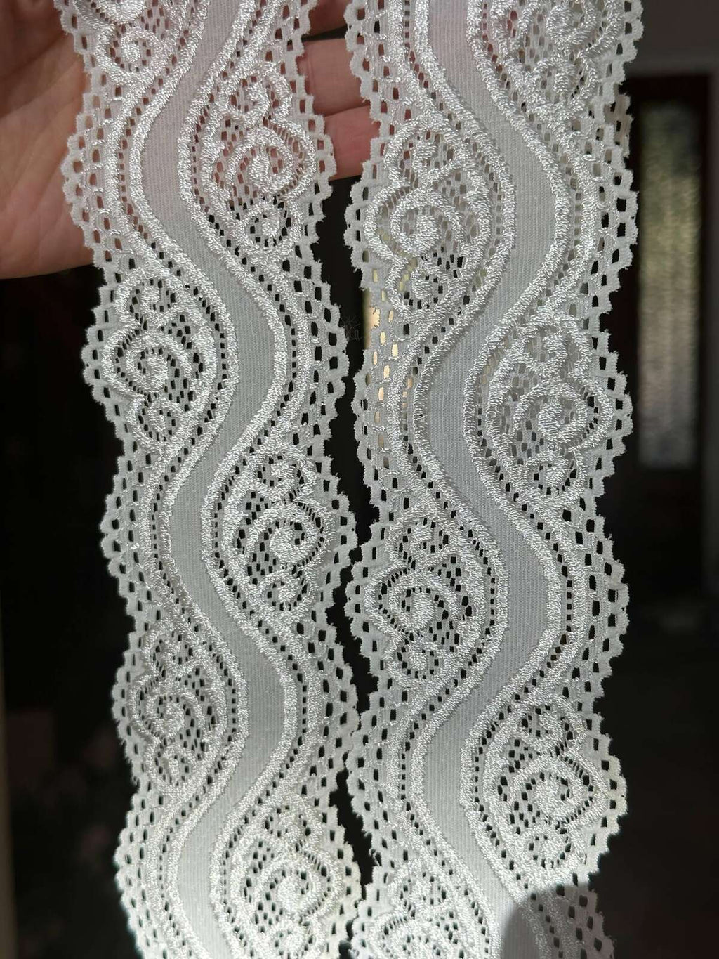 Soft Ivory White Wavy Vine Swirl Stretch Lace Trim by the Yard, Scalloped Elastic Ribbon for Coquette Crafts, 2.25", Retail Wholesale Bulk