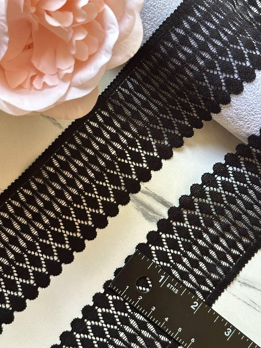 Classic Onyx Black Leaf Pattern Stretch Lace Trim, Symmetrical Double Scalloped Wide Ribbon for Lingerie Underwear Crafts, 2"