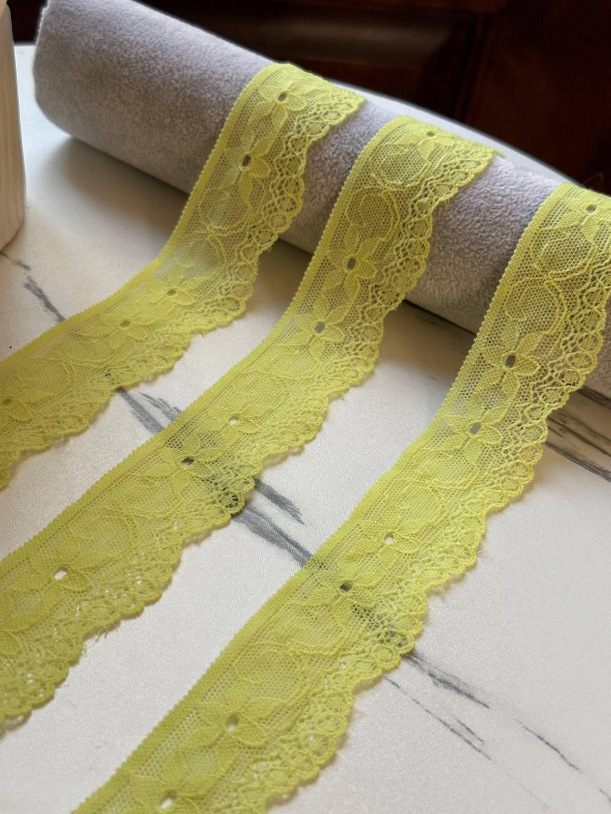 10yds Soft Greenish Lemon Yellow Floral Stretch Lace Trim by the Yard, Ultra Soft Elastic Ribbon for Coquette Crafts, 1.35" Retail Wholesale