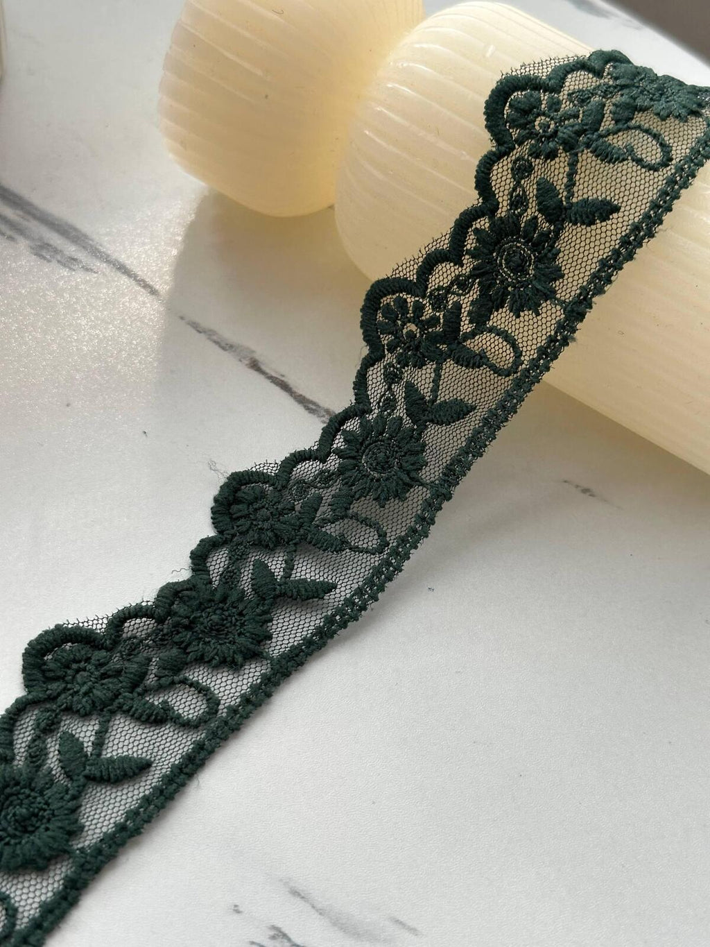 6Yds Non-Stretch 1.5" Dark Forest Green Cotton Embroidered Mesh Lace Trim