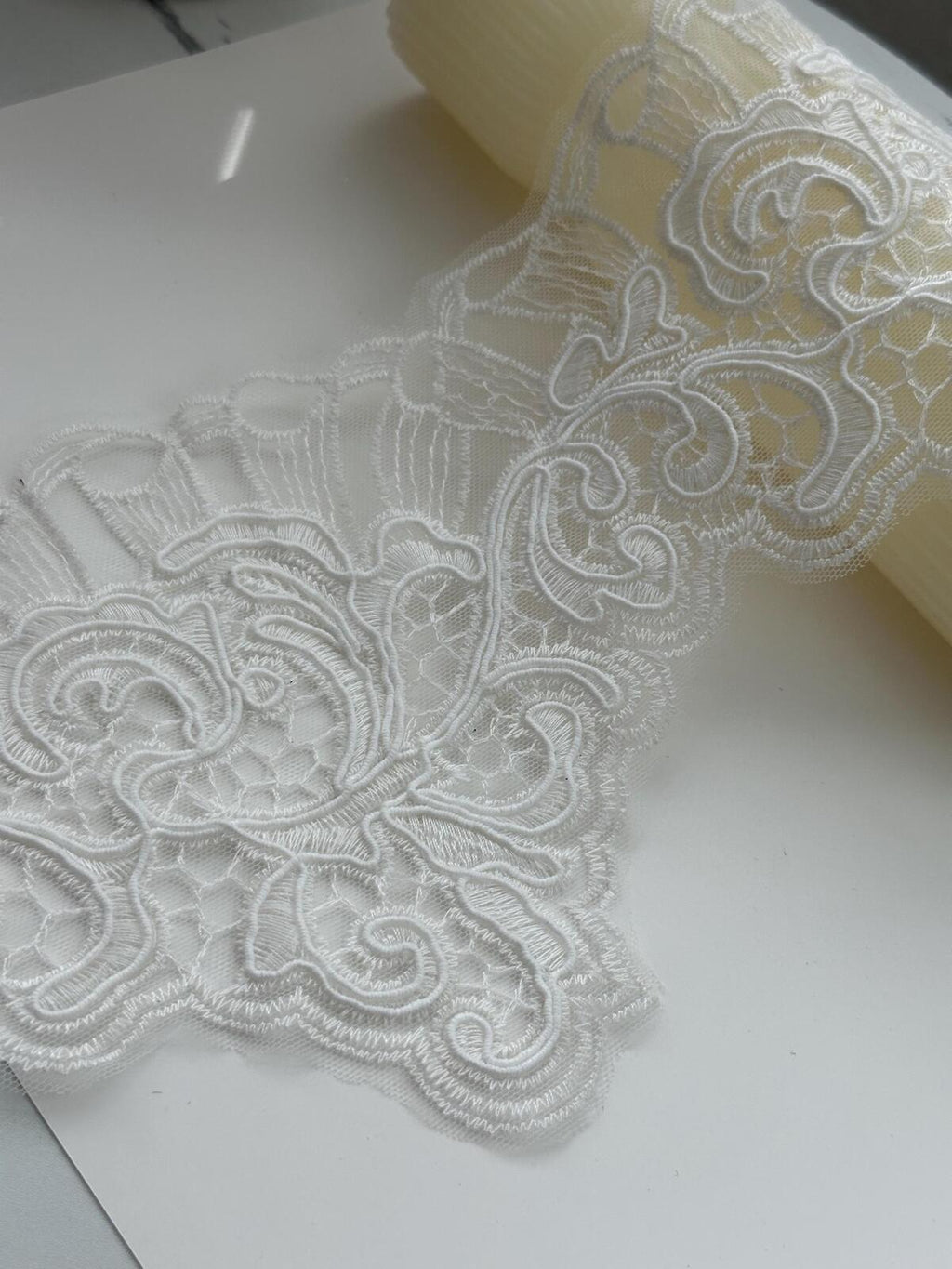 1Yd Non-Stretch 6" Off-White Corded Embroidery Bridal Mesh Lace Wholesale