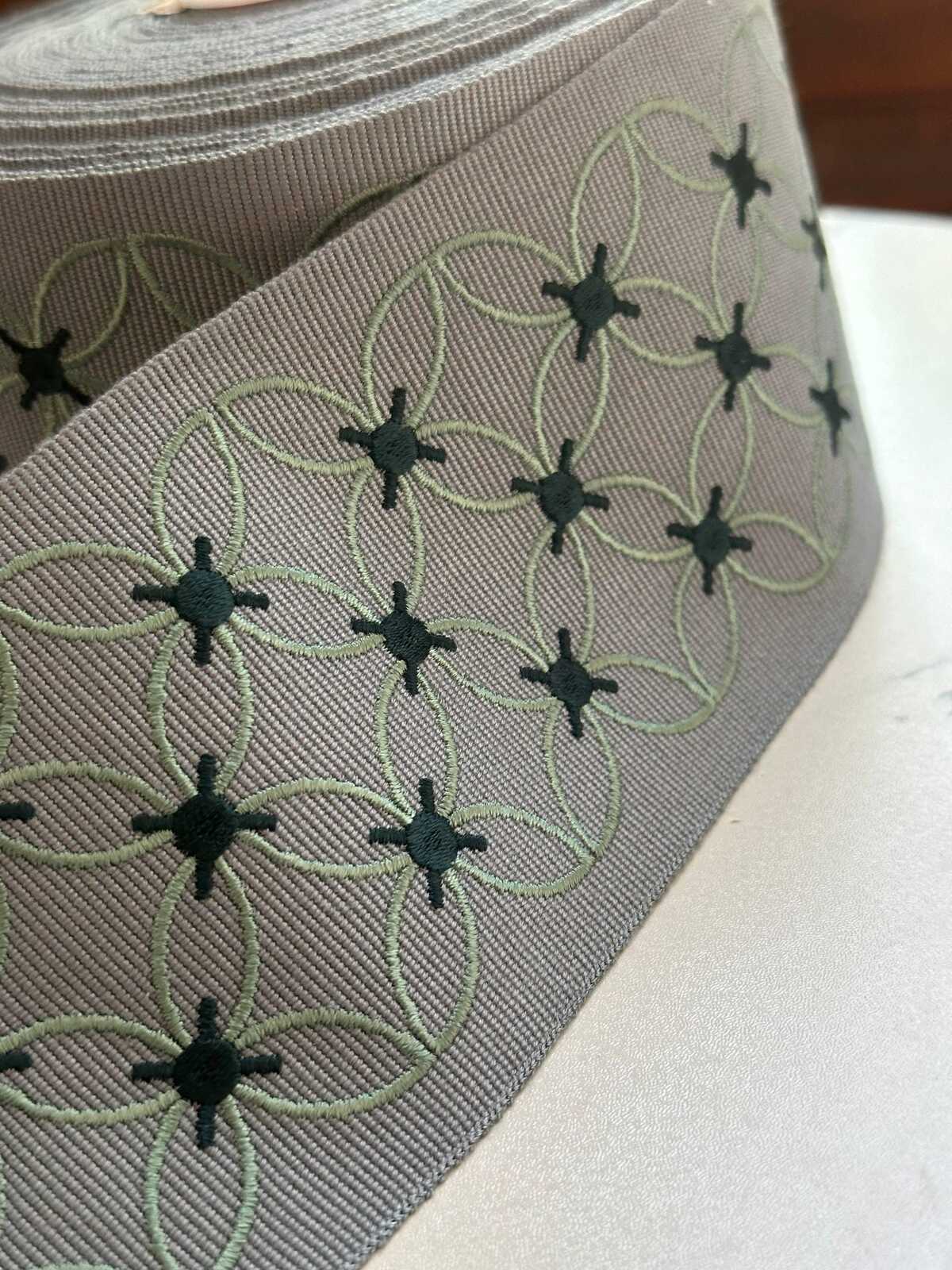 Sage Green Grey Geometric Flower Embroidered Grosgrain Canvas Webbing Ribbon Trim by the Yard, Wide Jacquard Border, 3.1"