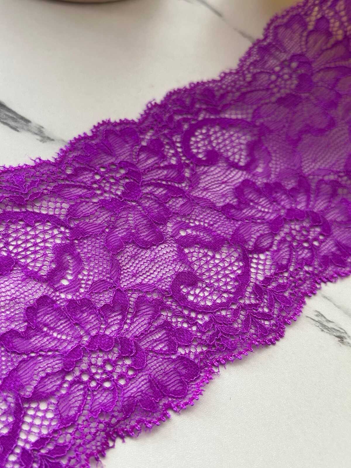 6Yds Stretch 3.5" Vibrant Purple Magenta Floral Scalloped Stretch Lace Trim