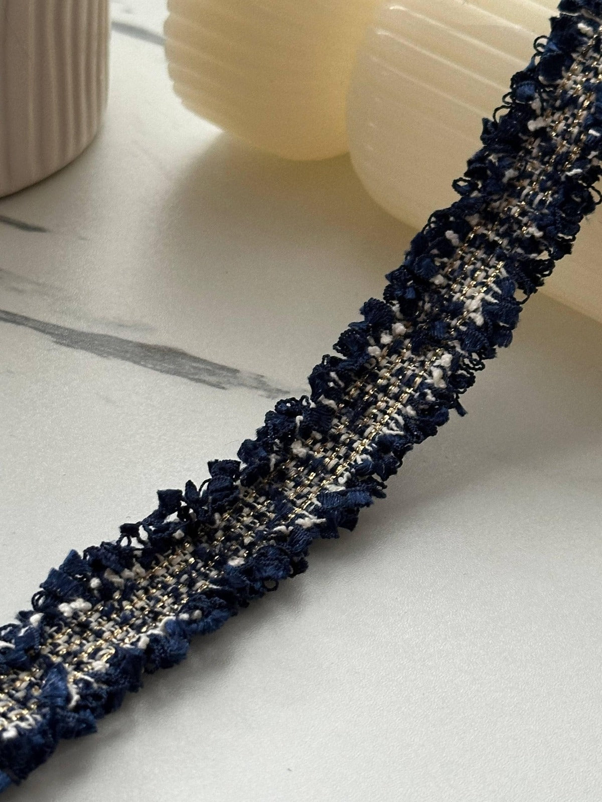 10Yds Non-Stretch 0.9" Navy Gold Metallic Woven Tweed Fringe Trim Wholesale