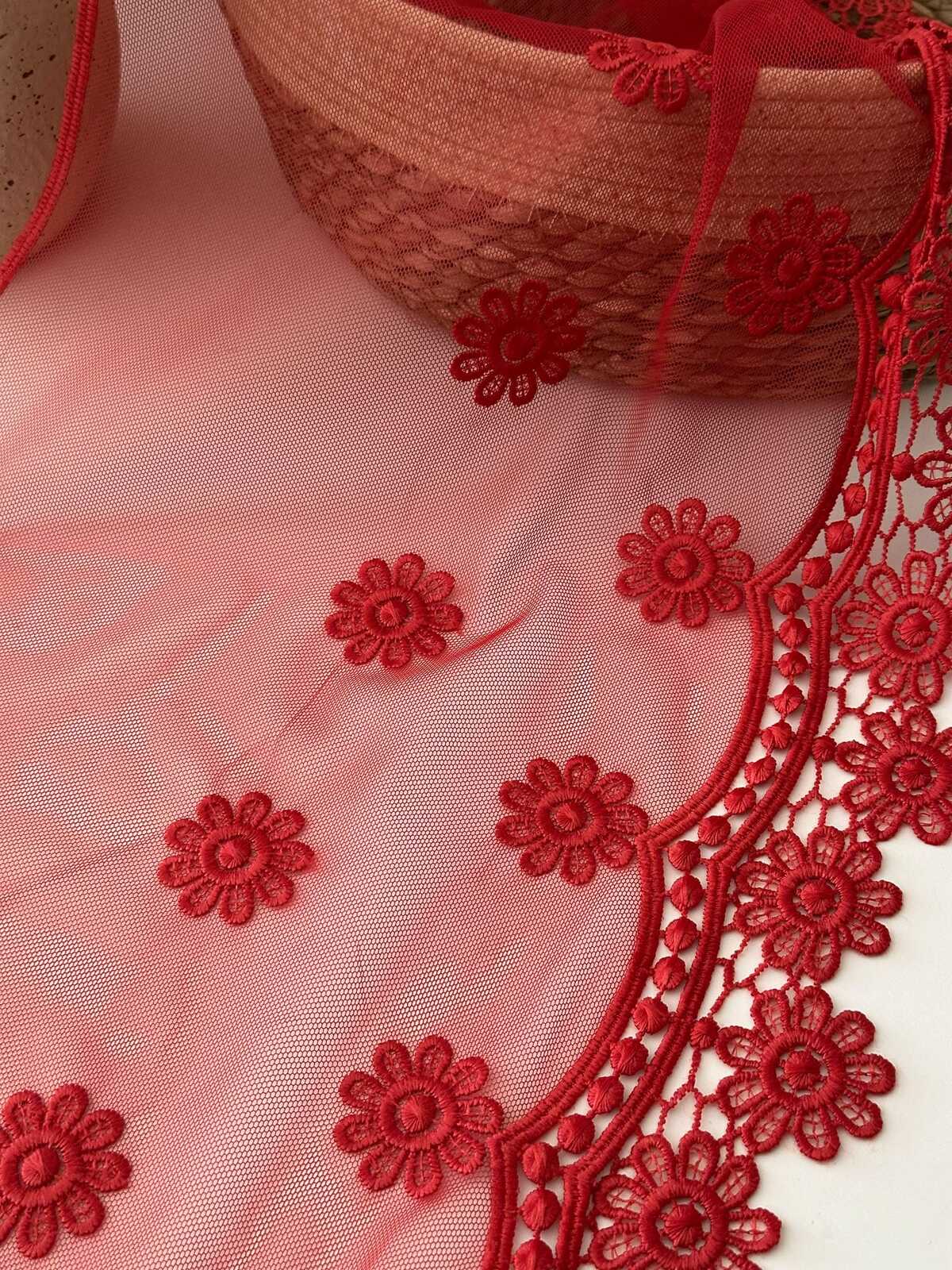 3Yds Non-Stretch 11" Red Daisy Floral Mesh Embroidered Lace Trim, Wholesale