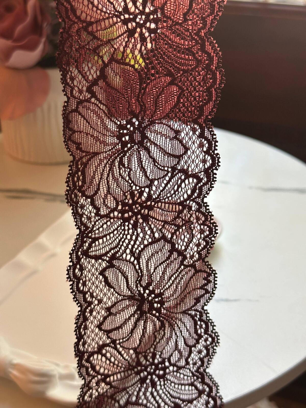 Burgundy Wine Red Floral Stretch Lace Trim by the Yard, Scalloped Elastic Ribbon for Coquette Lingerie Apparel Crafts, 2.8"
