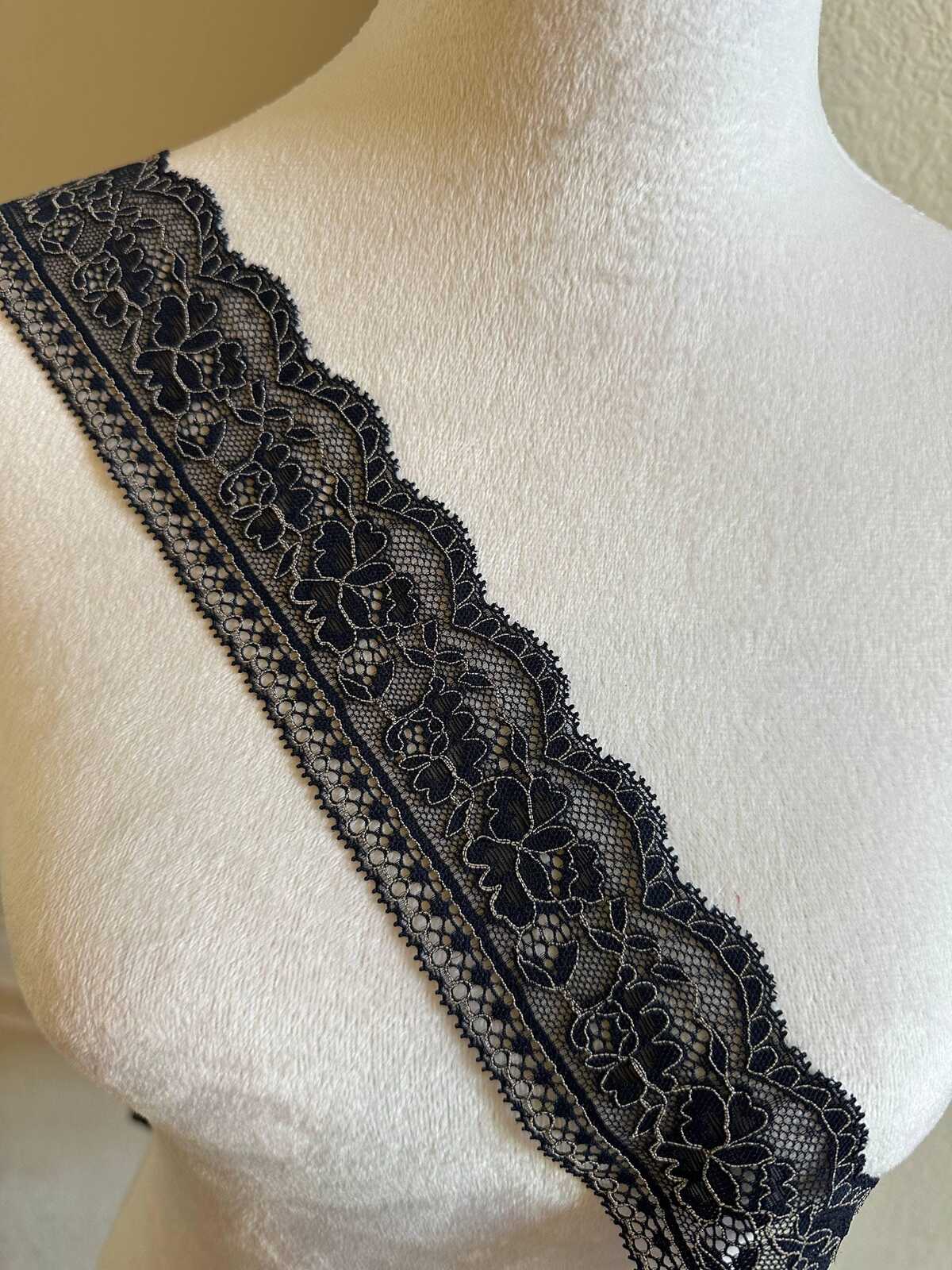 10yds Navy Blue Stretch Lace Trim with Silver Outline, Floral Insertion Beading Ribbon (2.5" Wide)