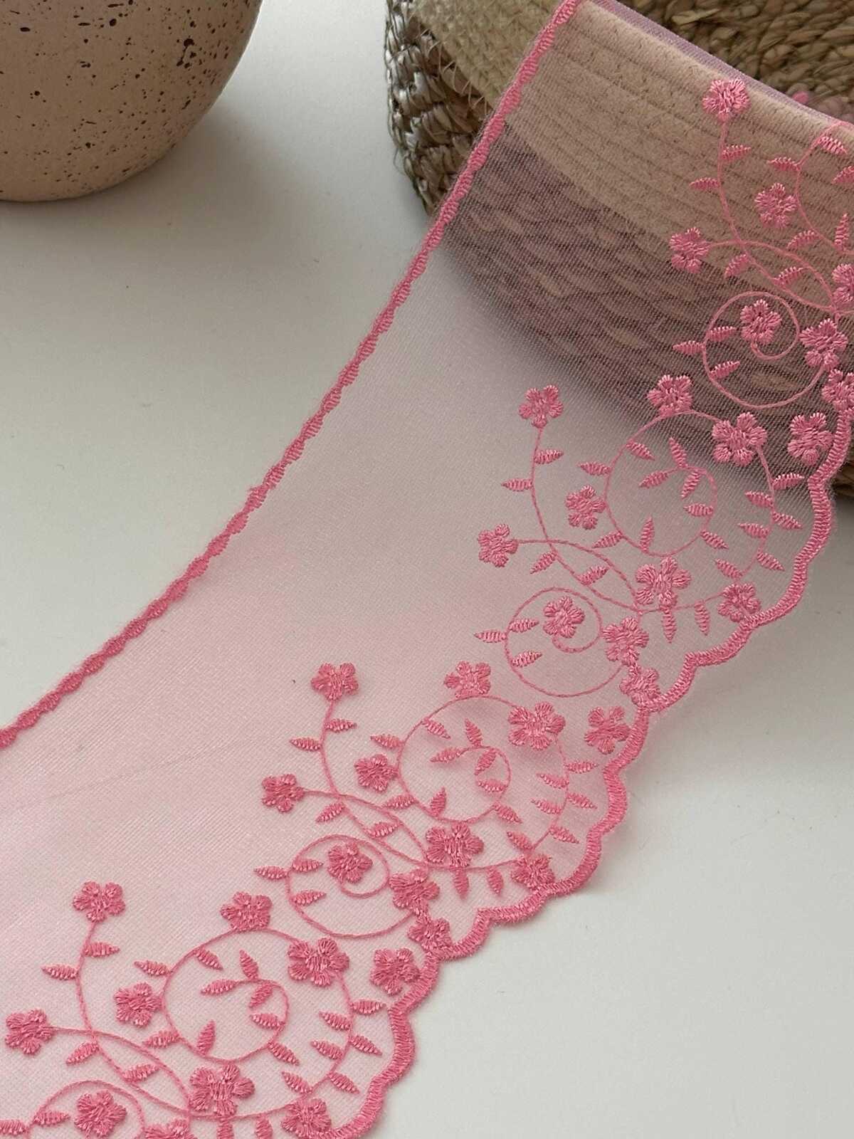 3Yds Pink Floral Mesh Lace Trim, 4.5" Embroidered Ribbon, Bulk Clearance Coquette Y2K Lace, Garment Trim, DIY Sewing, Retail Wholesale