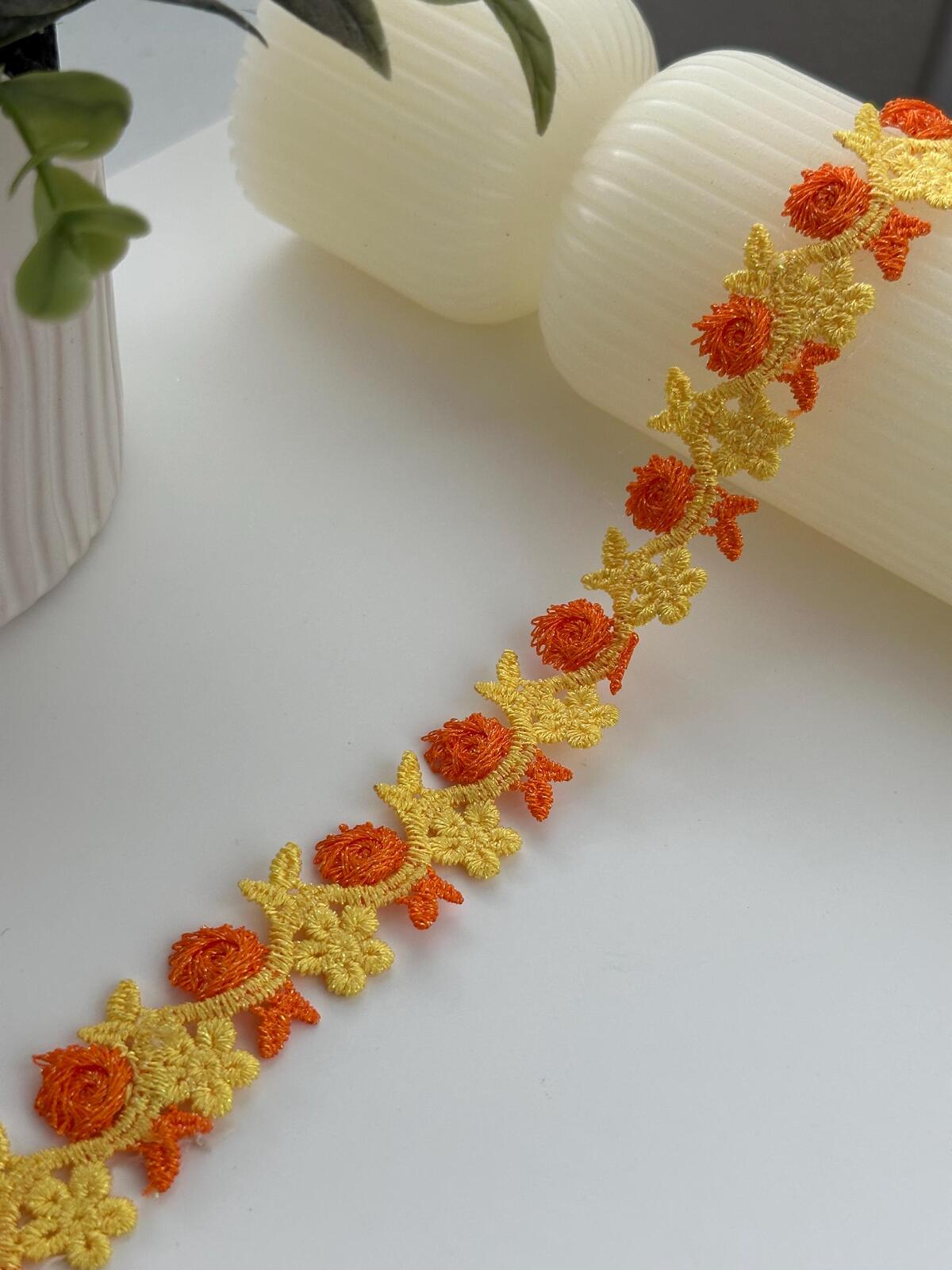 3Yds Non-Stretch 0.8" Yellow Orange 3D Rose Flower Embroidered Lace Wholesale