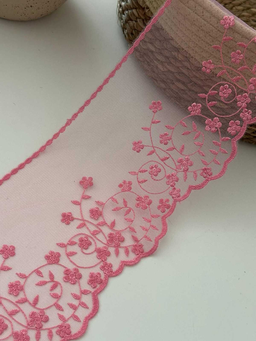 3Yds Pink Floral Mesh Lace Trim, 4.5" Embroidered Ribbon, Bulk Clearance Coquette Y2K Lace, Garment Trim, DIY Sewing, Retail Wholesale