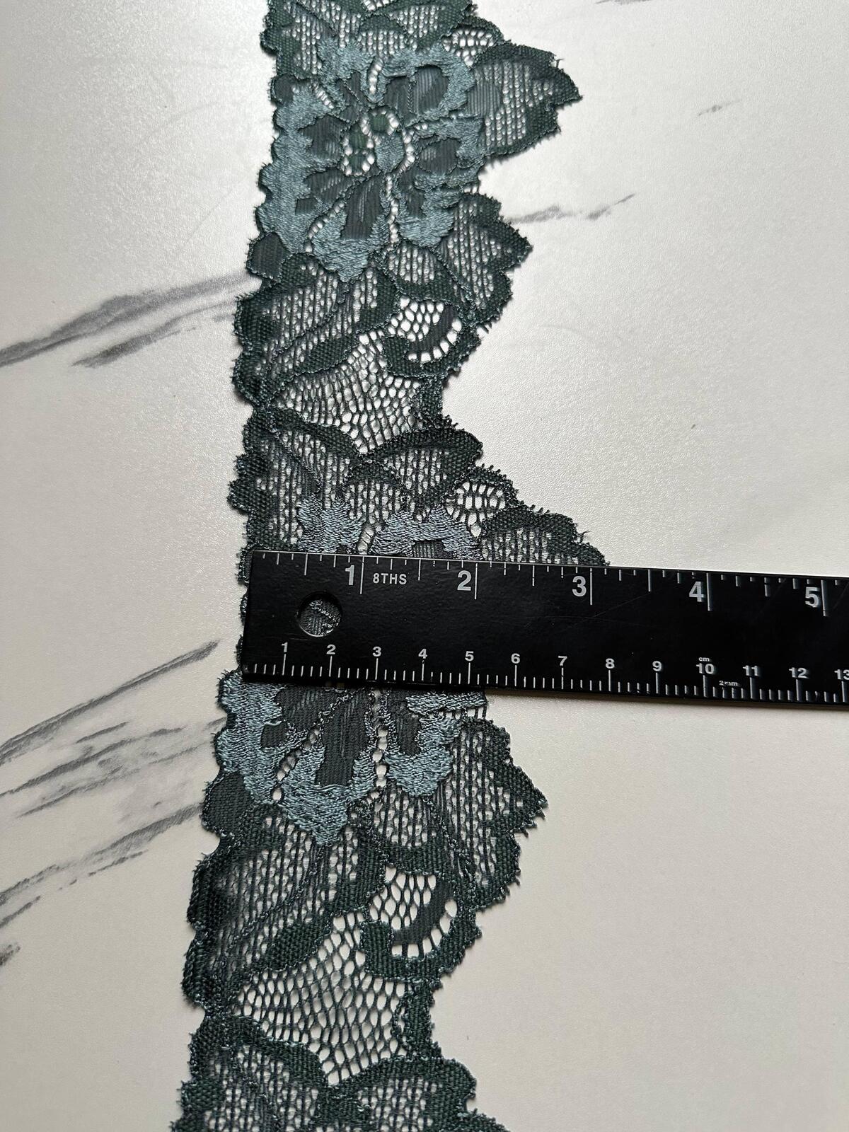 10yds Deep Forest Green Floral Stretch Elastic Lace Trim Symmetrical Double Scalloped Wide Galloon Ribbon for Lingerie  Crafts Sewing, 3"
