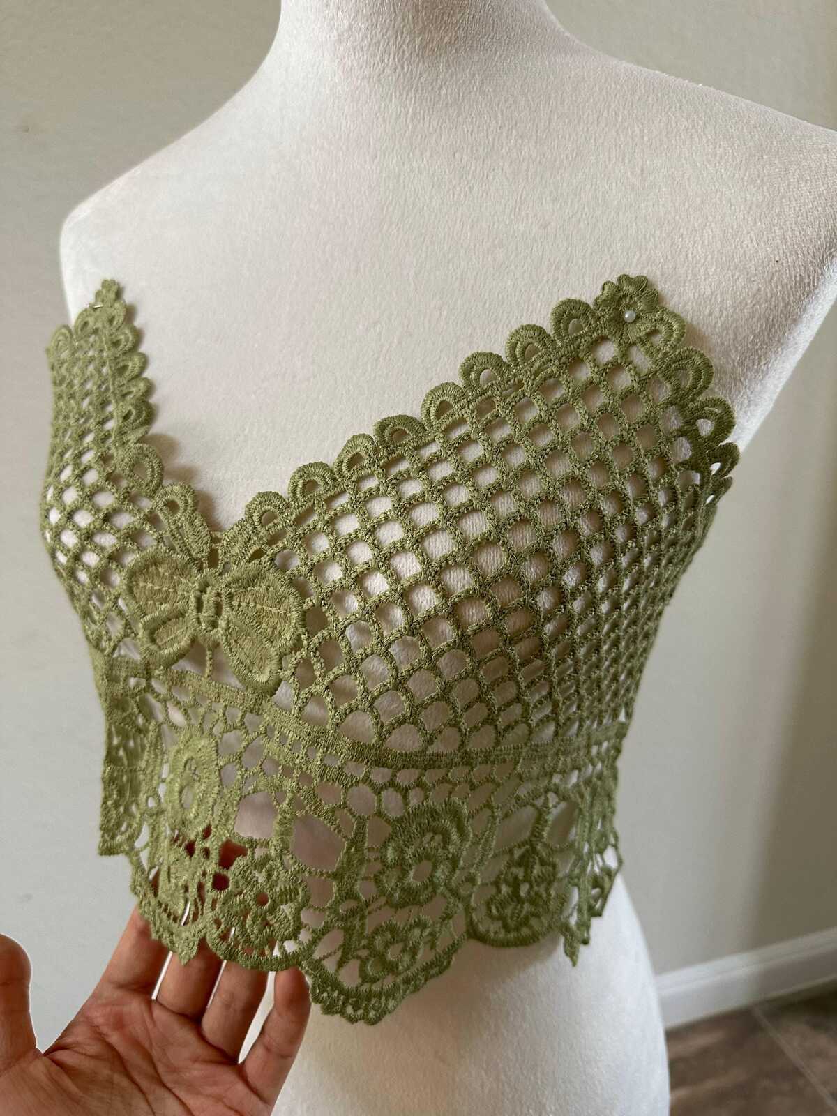 Muted Sage Green Guipure Water Soluble Lace Bodice Applique Motif Butterfly Floral Embroidered Front Panel for Camisole Blouse Sewing, 18"
