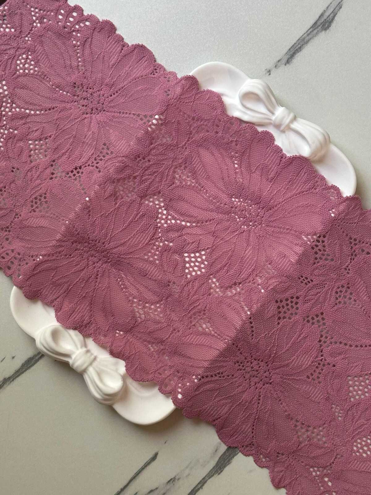 Dusty Rose Pink Floral Stretch Elastic Lace Trim Symmetrical Double Scalloped Wide Galloon Ribbon for Lingerie Underwear Crafts Sewing, 6"