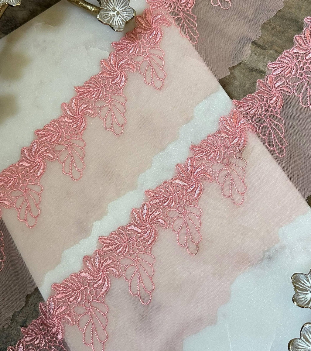 Soft Peach Pink Floral Embroidered Mesh Lace Trim, 2" Floral 3.5" Total Wide Sheer Scalloped Ribbon, Retail Wholesale Bulk