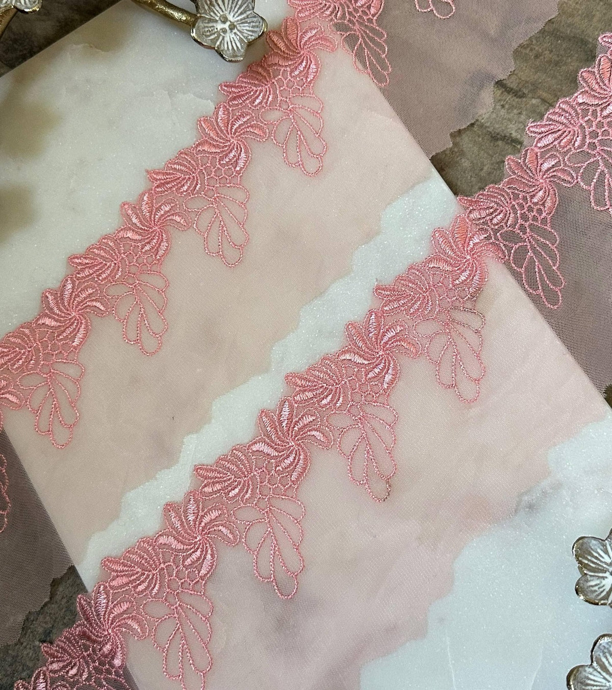 Soft Peach Pink Floral Embroidered Mesh Lace Trim, 2" Floral 3.5" Total Wide Sheer Scalloped Ribbon, Retail Wholesale Bulk