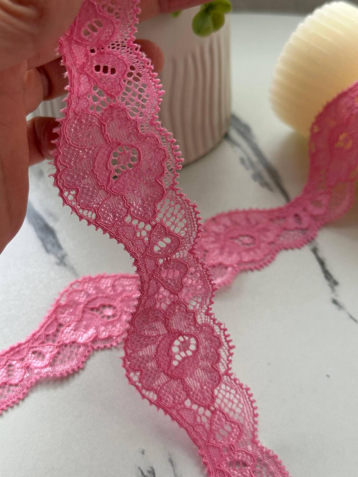 10Yds Stretch 1.4" Pink Wavy Scalloped Floral Stretch Lace Trim Wholesale