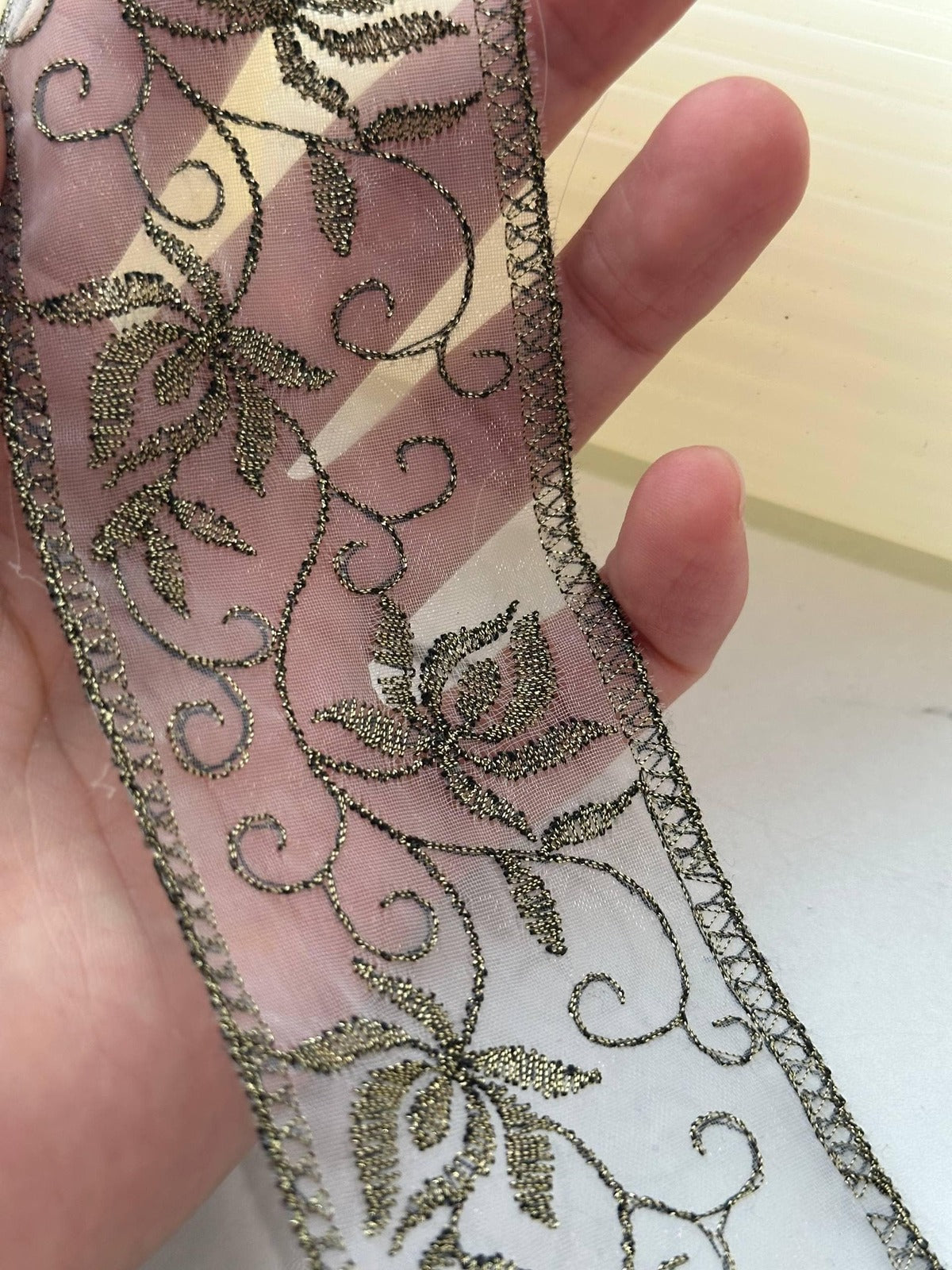 5Yds Non-Stretch 2.15" Antique Gold Floral Organza Embroidered Lace Trim