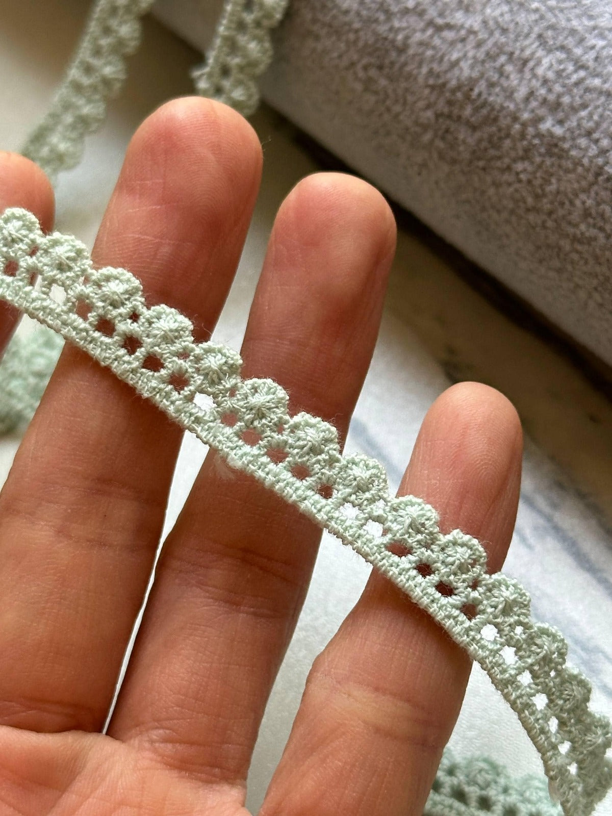 10yds Soft Sage Green Cotton Crochet Flower Lace Trim by the Yard, Narrow Floral Scalloped Ribbon for Crafts, 0.35", Retail Wholesale Bulk