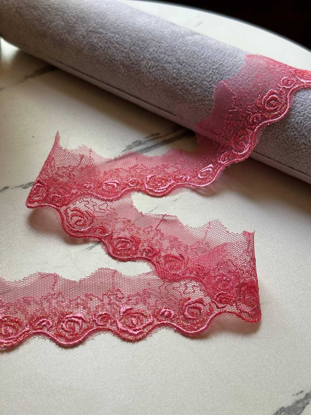 10yds Glitter Pink Rose Embroidered Mesh Organza Lace Trim by the Yard, Narrow Shimmer Metallic Ribbon for Craft Junk Journal, 1"