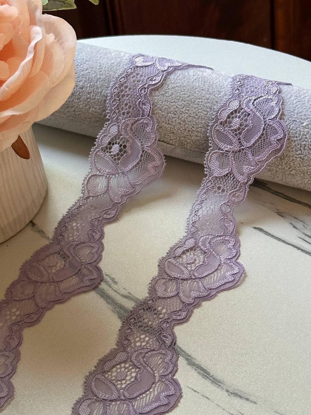 10yds Soft Dusty Lilac Floral Wavy Stretch Lace Trim by the Yard, Scalloped Elastic Ribbon for Coquette Crafts, 1.75", Retail Wholesale Bulk