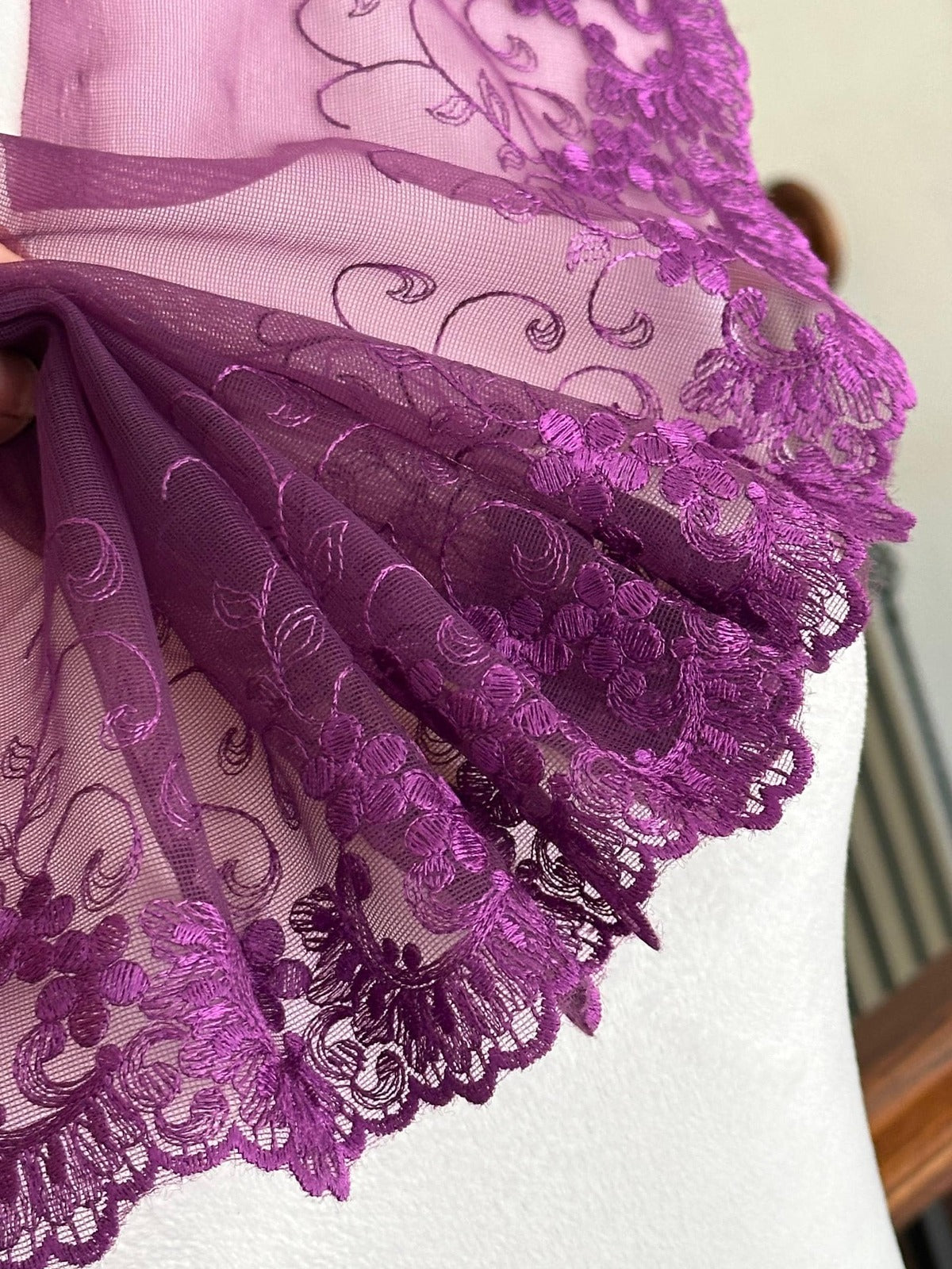 3Yds Non-Stretch 6" Purple Floral Mesh Embroidered Lace Trim, Craft Wholesale