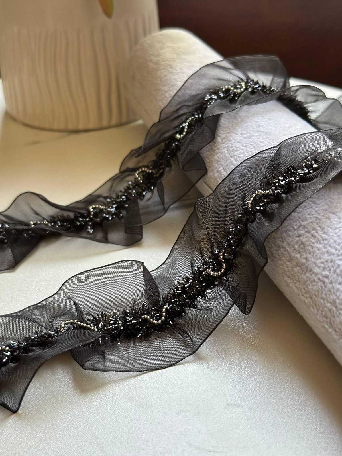 5yds Black Pleated Organza Bead Chain Lace Trim by the Yard, Wide Beaded Metallic Ball Chain Ribbon for Garment Crafts, 2"
