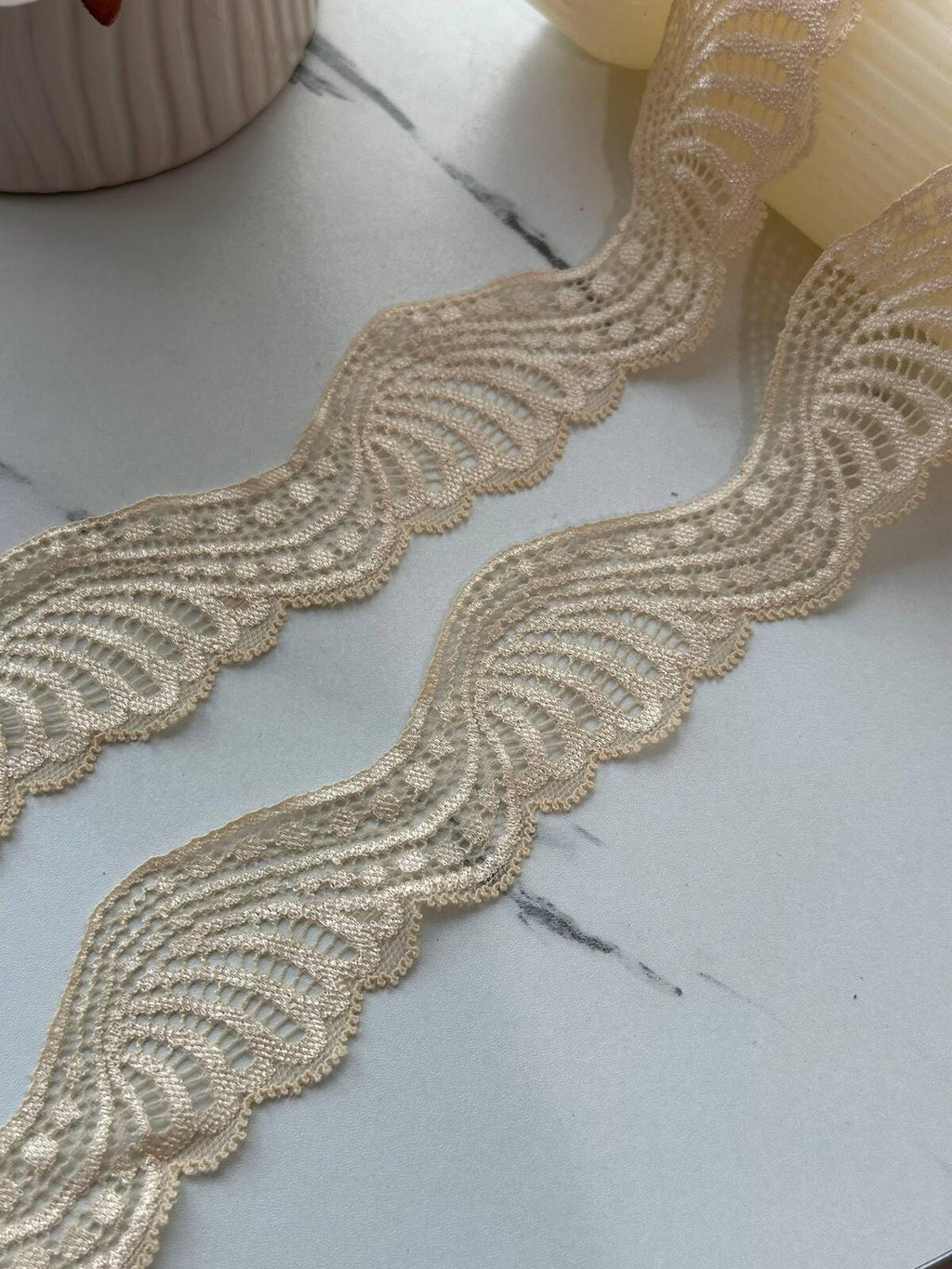 10Yds Stretch 1.6" Beige Butterfly Wing Fan Scalloped Stretch Lace Wholesale
