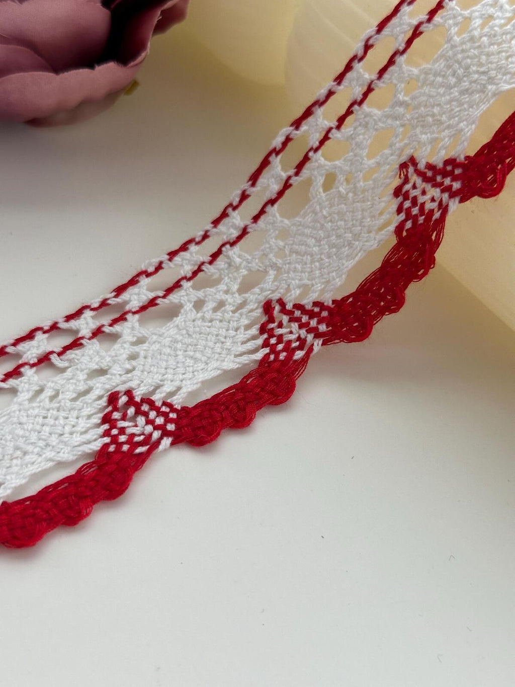 3Yds Non-Stretch 1.5" Red White Cotton Crochet Scalloped Lace Trim Wholesale