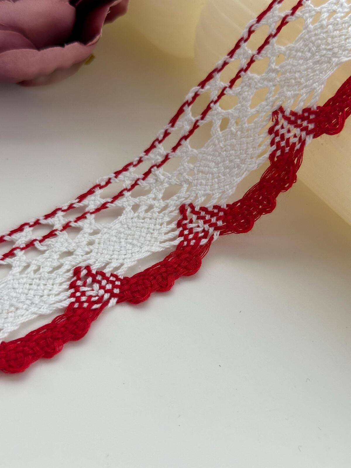 3Yds Non-Stretch 1.5" Red White Cotton Crochet Scalloped Lace Trim Wholesale