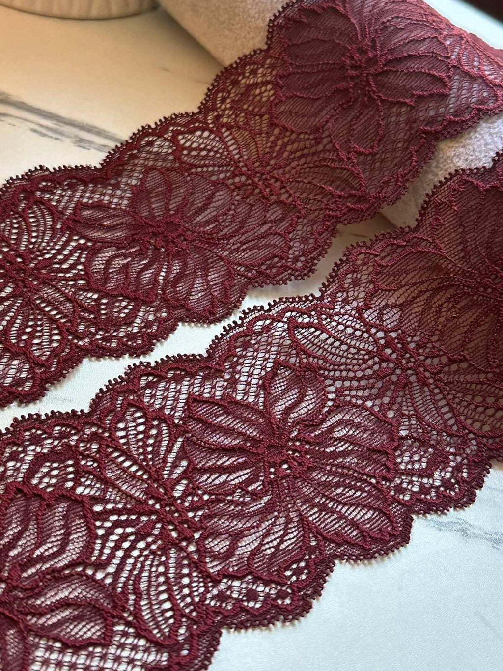 Burgundy Wine Red Floral Stretch Lace Trim by the Yard, Scalloped Elastic Ribbon for Coquette Lingerie Apparel Crafts, 2.8"