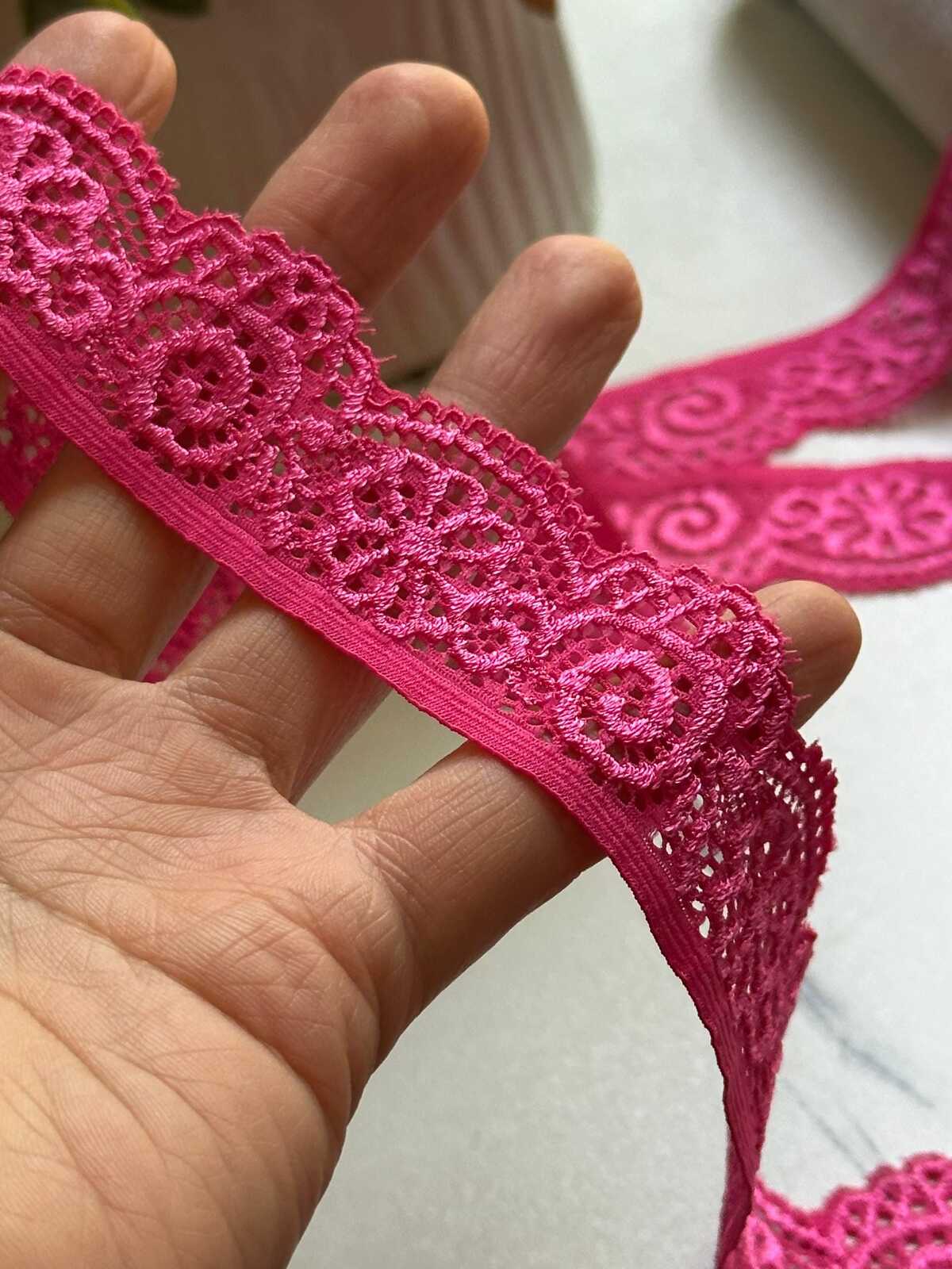 10yds  Vibrant Hot Fuchsia Pink Floral Stretch Lace Trim by the Yard, Scalloped Elastic Ribbon for Coquette Crafts, 1.1" Retail Wholesale