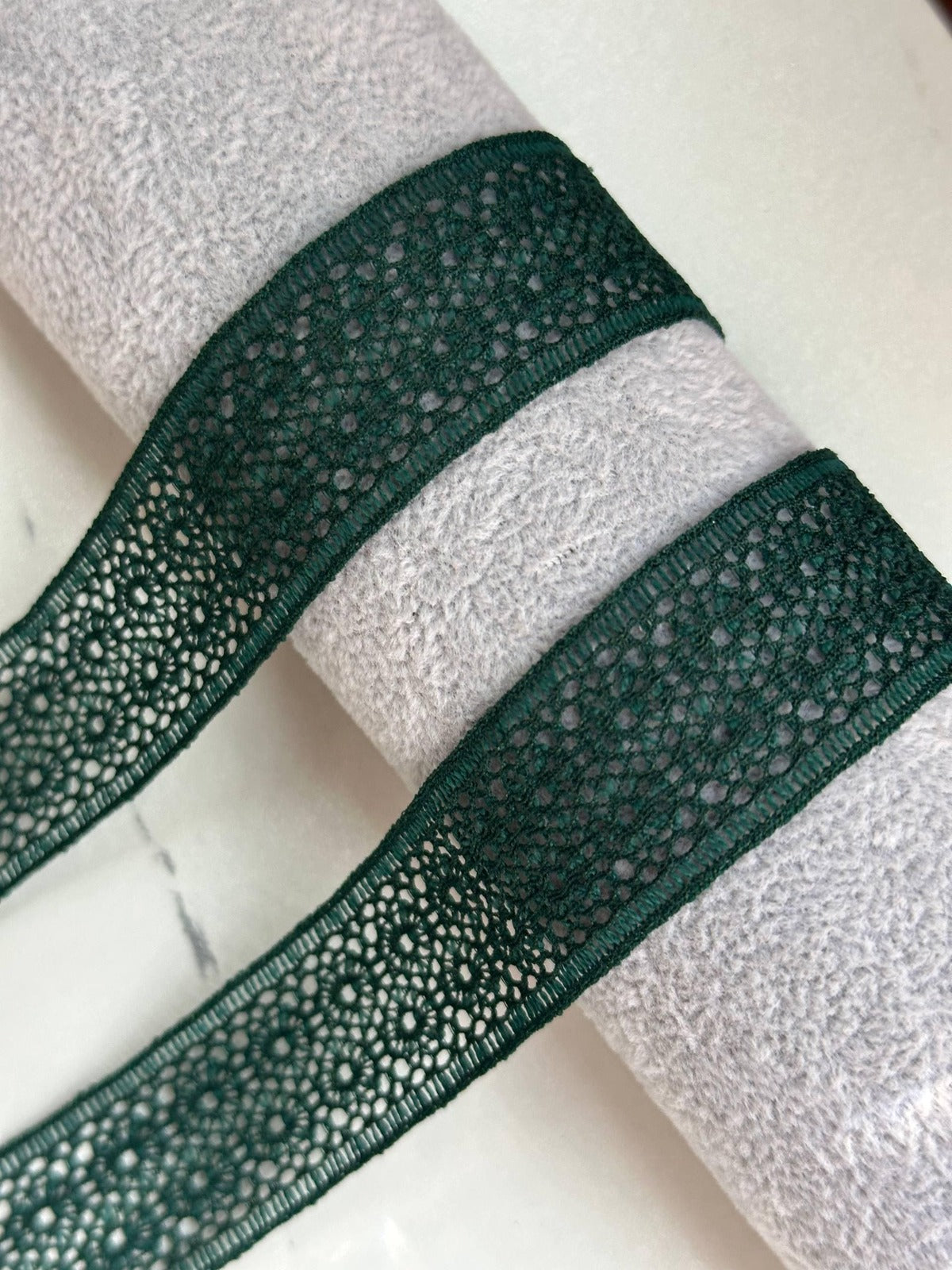10yds Dark Forest Christmas Green Stretch Lace Trim by Yard, Elastic Ribbon, Coquette Craft Supply, 1", Retail Wholesale Bulk