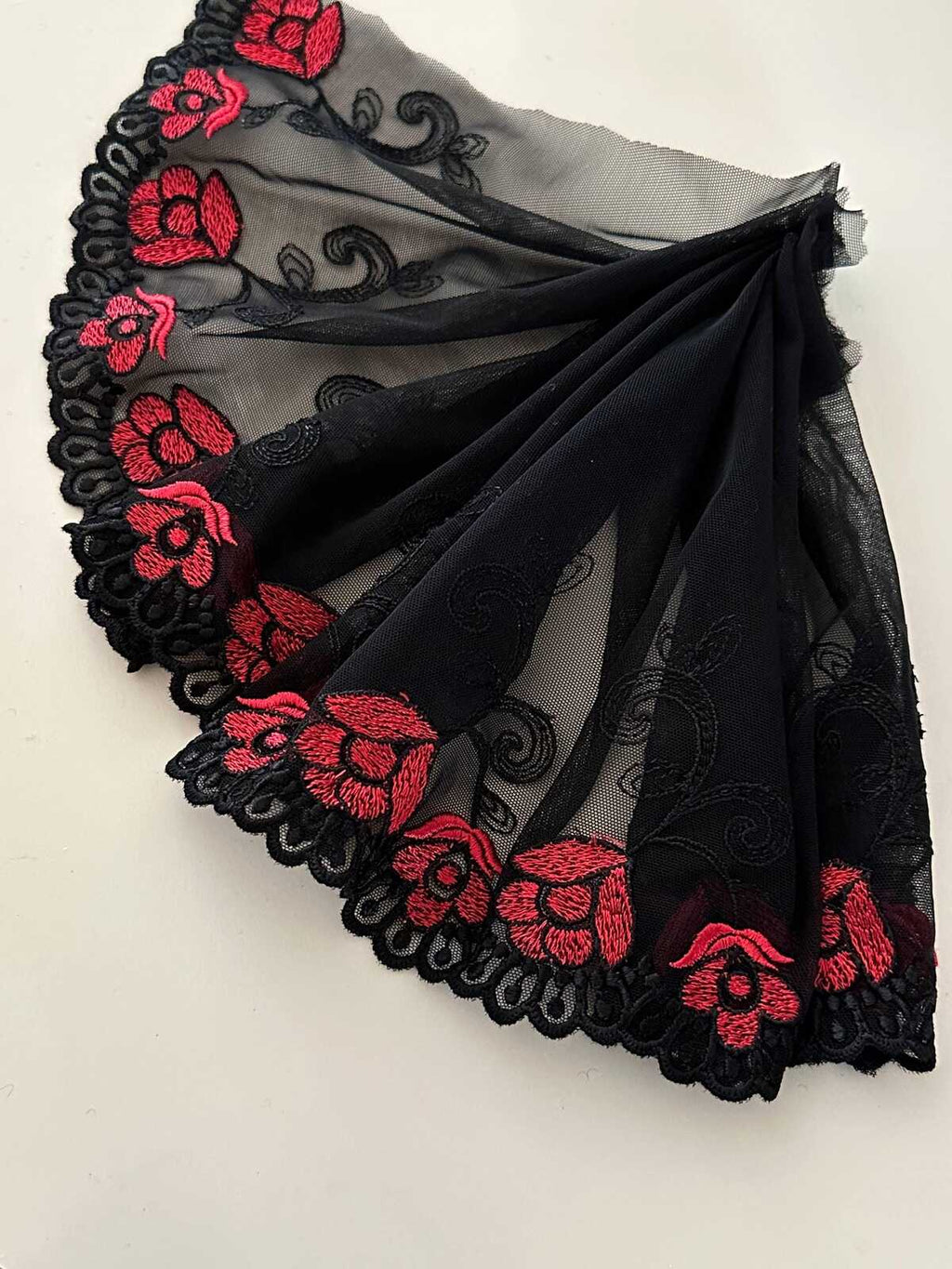 7.5"  Red Black Embroidered Soft Mesh Lace, Wide Ribbon, Bulk Clearance Coquette Y2K Lace, Lingerie, DIY Sewing, Retail Wholesale