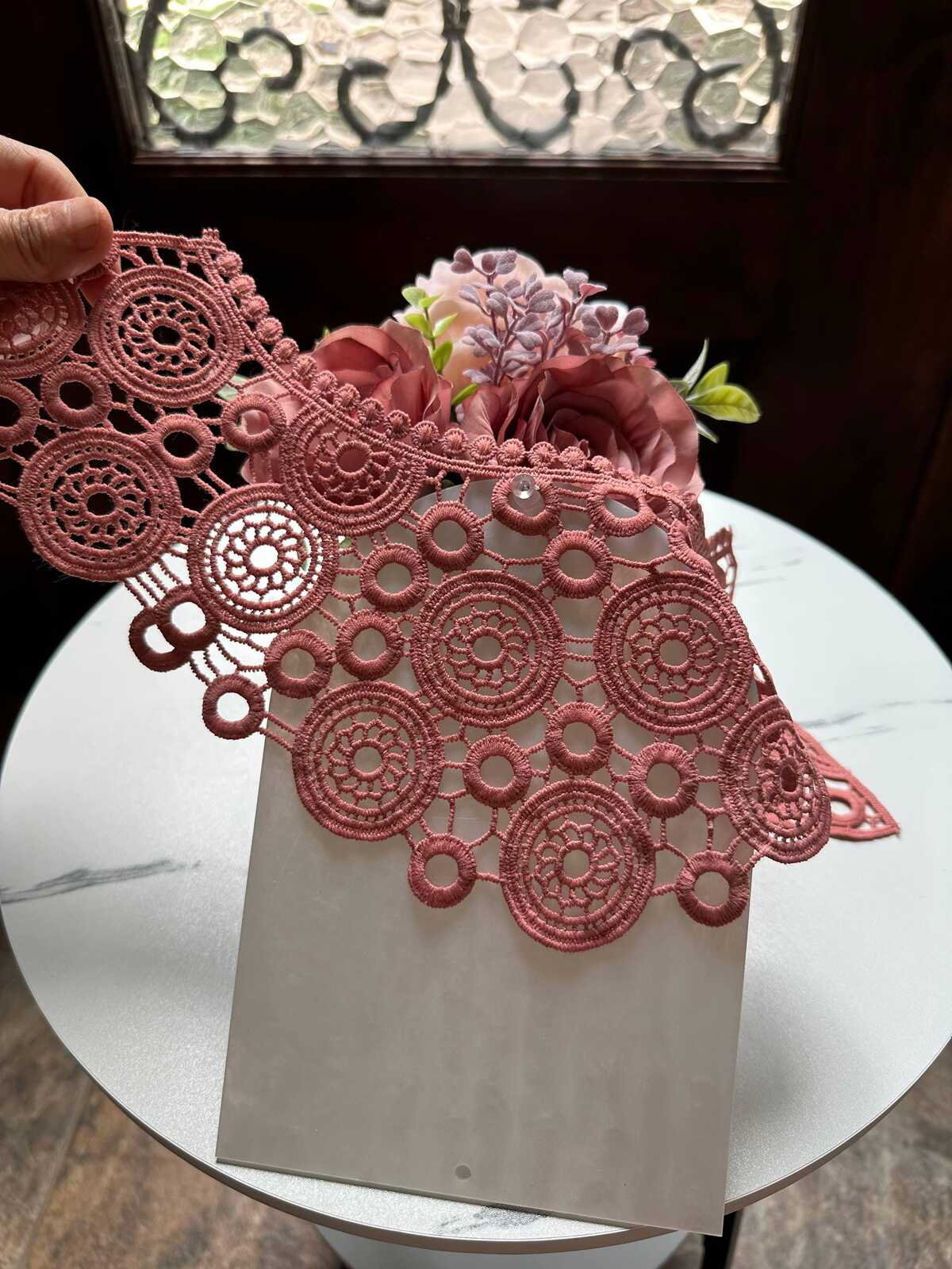 Cinnamon Spice Terracotta Rose Guipure Water Soluble Lace Collar Applique Geometric Circle Embroidered Neckline Detachable Collar 12"x5.5"