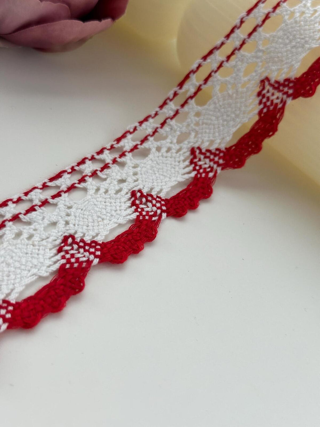 3Yds Non-Stretch 1.5" Red White Cotton Crochet Scalloped Lace Trim Wholesale