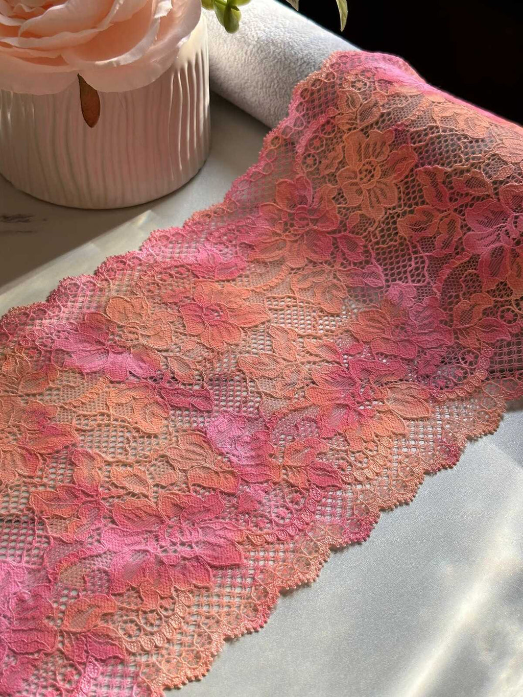 Ombre Pink Wide Lace Trim by Yard, 6.35" Sunset Elastic Ribbon, Coquette Y2K Lace, Lingerie Lace, DIY Sewing Craft, Retail Wholesale