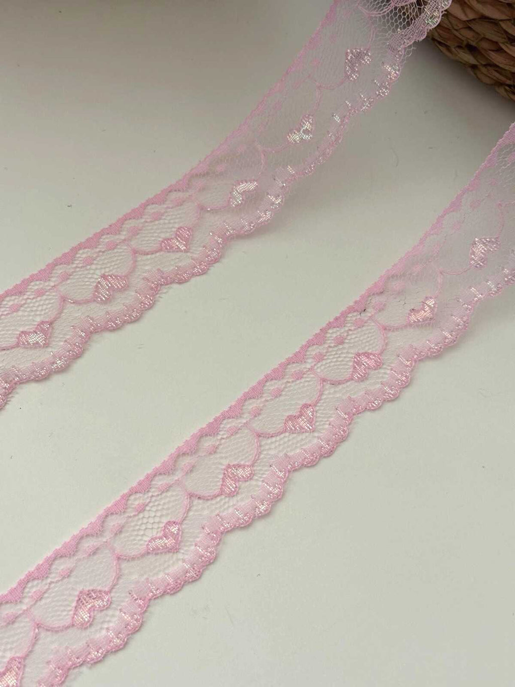 10yds Pink Heart Lace Trim, 1" Non-Stretch Ribbon, Bulk Clearance Coquette Y2K Lace, Garment Trim, DIY Sewing, Retail Wholesale