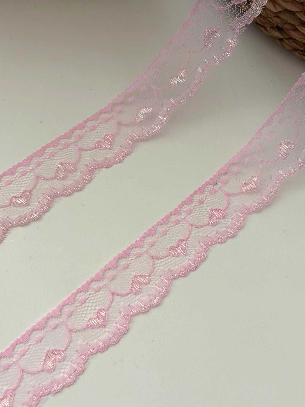 10yds Pink Heart Lace Trim, 1" Non-Stretch Ribbon, Bulk Clearance Coquette Y2K Lace, Garment Trim, DIY Sewing, Retail Wholesale