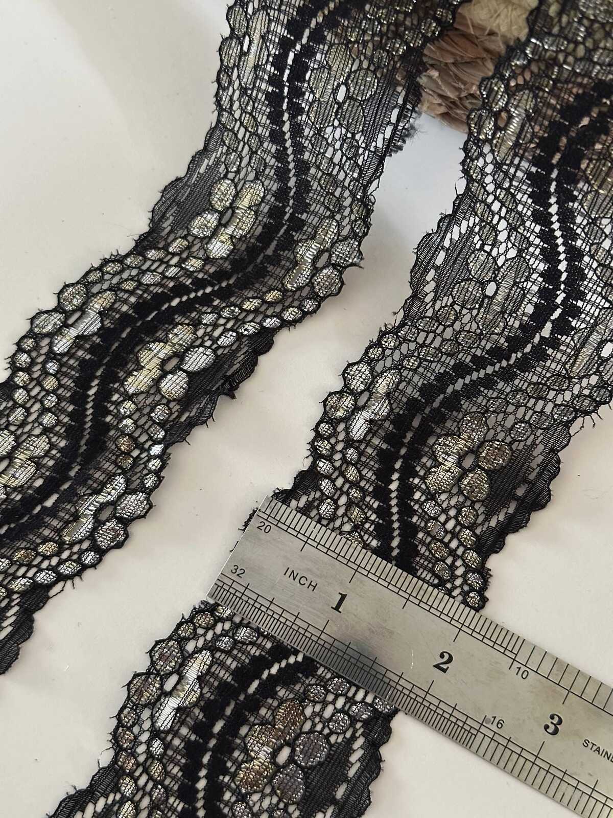 10yds Black Gold Metallic Lace Trim, 2" Rigid Ribbon, Bulk Clearance Coquette Y2K Lace, Garment Trim, DIY Sewing, Retail Wholesale