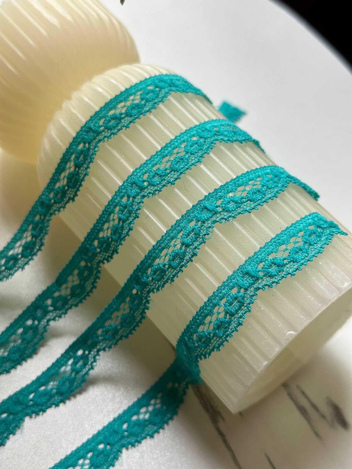 10yds Muted Peacock Lake Green Geometric Stretch Elastic Lace Trim Single Scalloped Narrow Ribbon for Lingerie Underwear Crafts, 0.4"