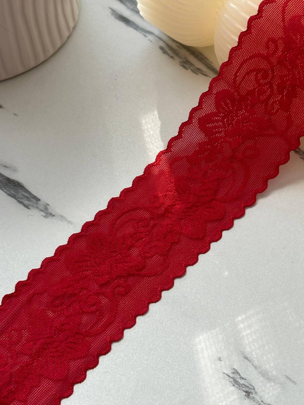5Yds Stretch 1.9" Red Seamless Floral Lingerie Stretch Lace Trim Wholesale