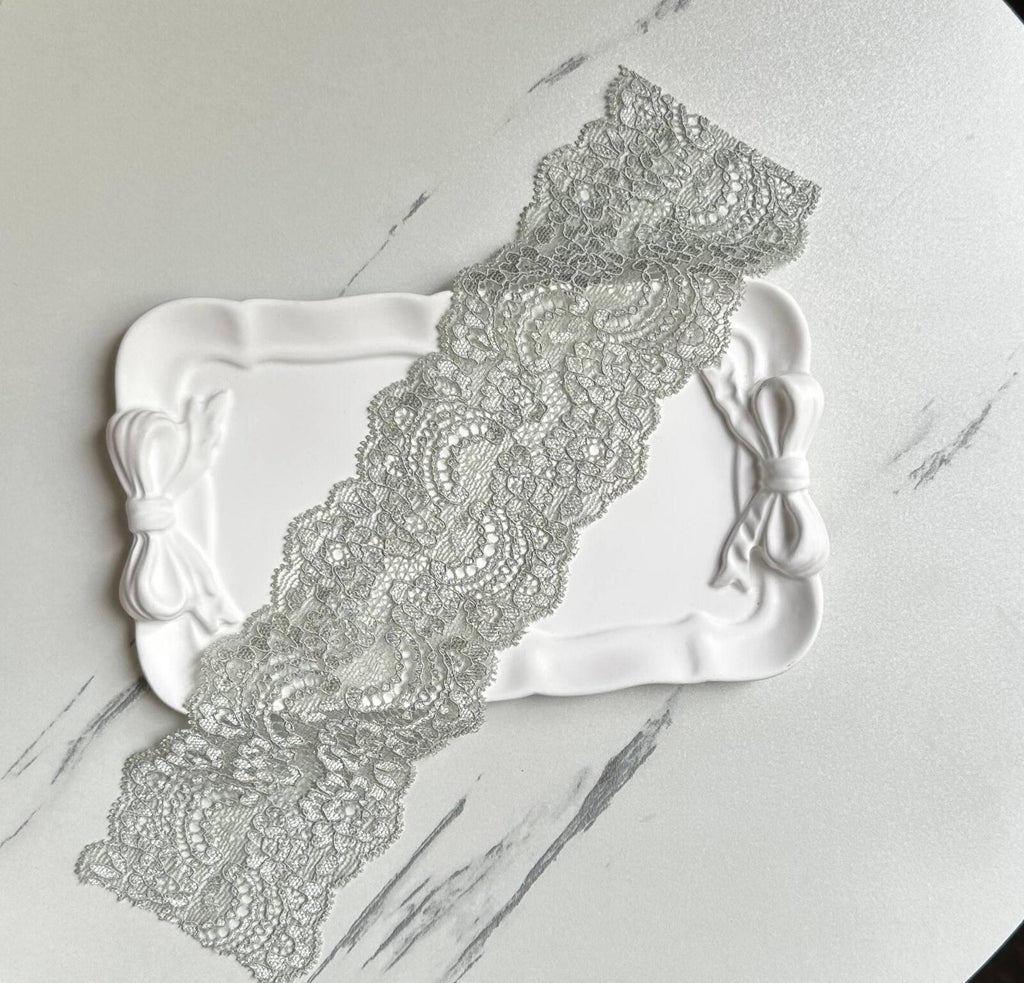 Sage Silver Sage Green Cordonnet Corded Stretch Elastic Lace Trim Symmetrical Double Scalloped for Lingerie Underwear Crafts, 2.75"