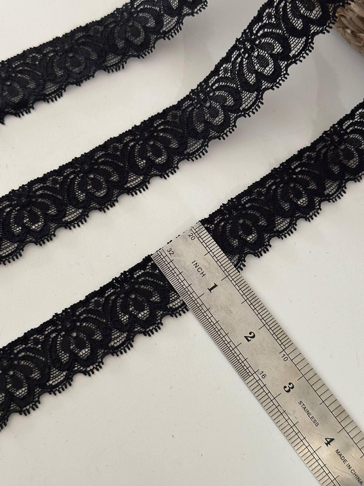 10Yds Stretch 1" Wide Black Lotus Floral Lace Trim, Bulk Clearance Coquette Y2K, Lingerie Lace, Garment Trim, DIY Sewing, Retail Wholesale