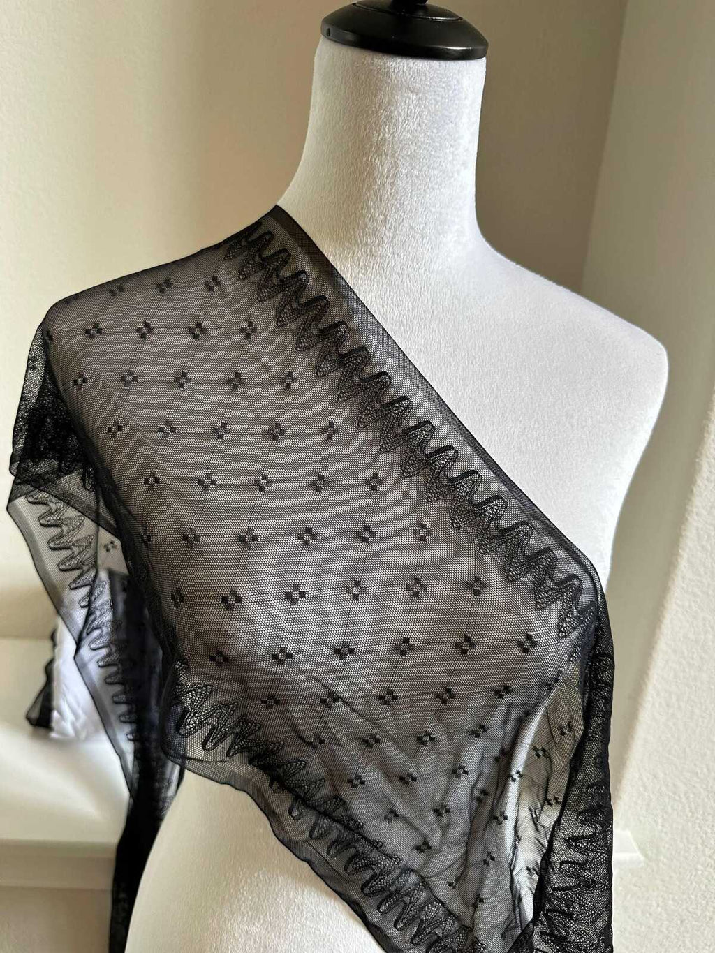 Black Geometric Point d'Esprit Mesh Lace Trim by the Yard, Wide Straight Edge Sheer Tulle Ribbon for Veil Bridal Lingerie, 8"