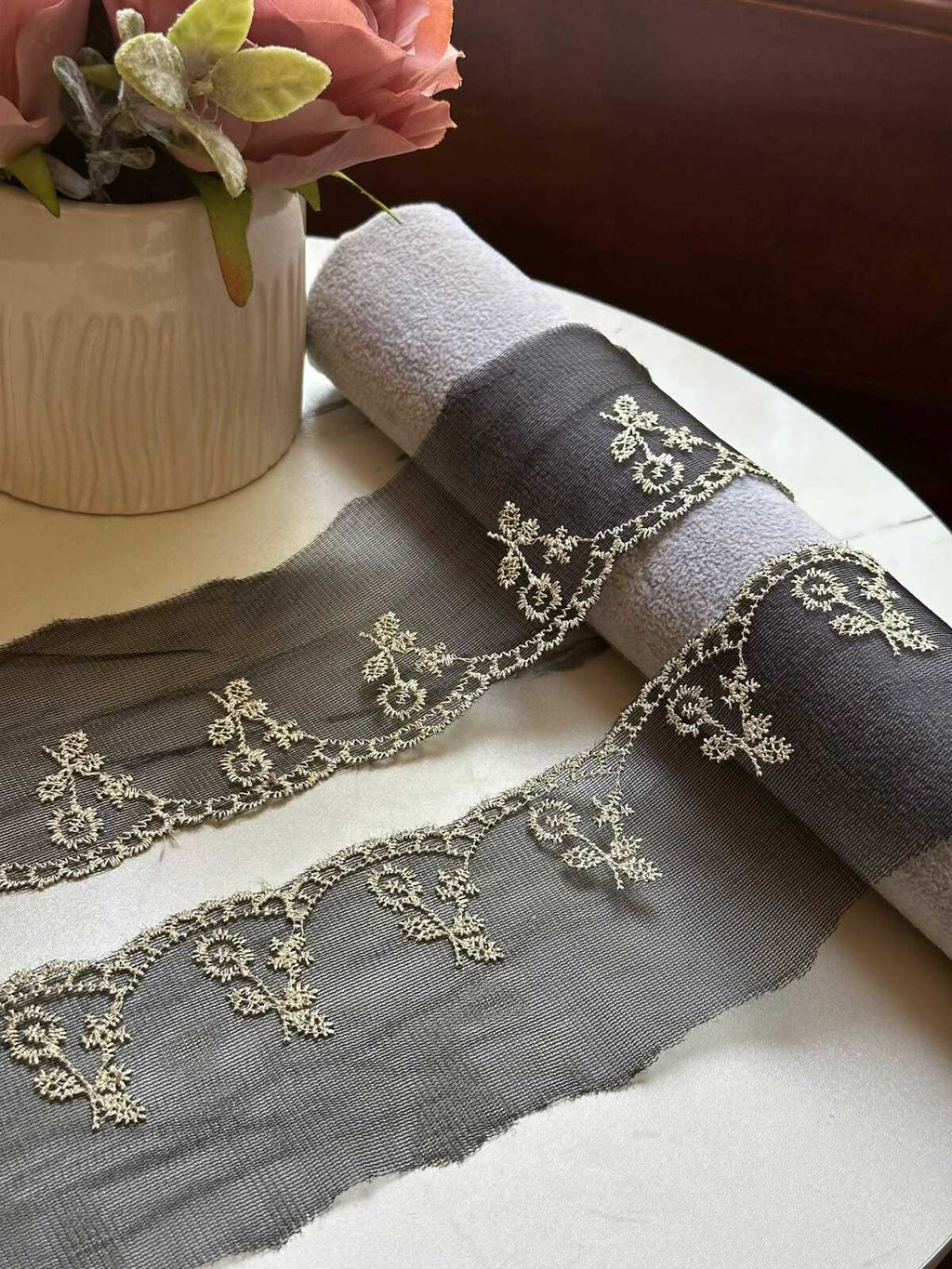 10yds Charcoal Black Gold Embroidered Organza Lace Trim by the Yard, Wide Structured Floral Border Ribbon for Curtains Pillows Crafts, 2.5"