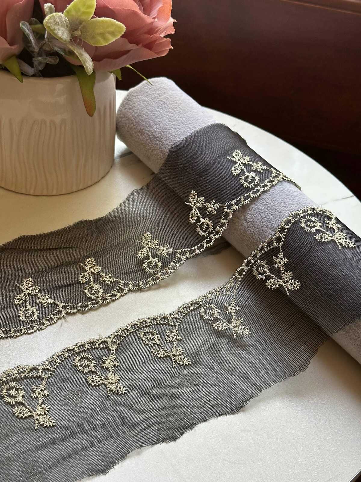 10yds Charcoal Black Gold Embroidered Organza Lace Trim by the Yard, Wide Structured Floral Border Ribbon for Curtains Pillows Crafts, 2.5"