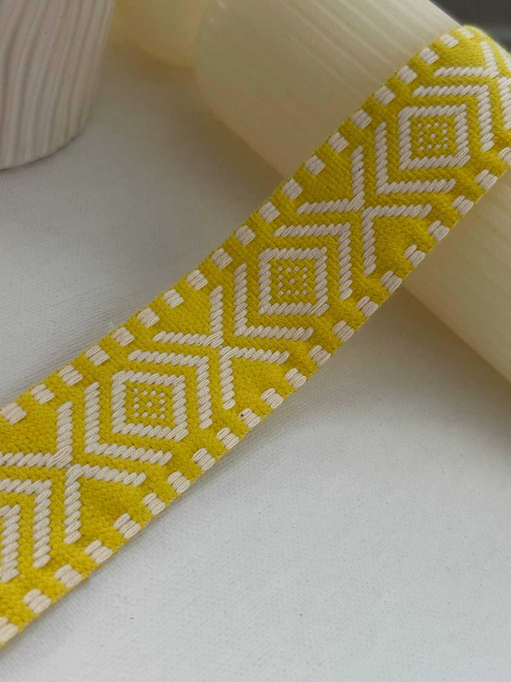 5Yds  1.5" Bright Yellow White Geometric Jacquard Woven Ribbon Wholesale